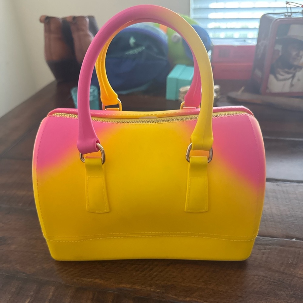 Y2K Neon Jelly Mini Satchel Bag – Pink & Yellow Ombre Top Handle Purse - Picture 3 of 17